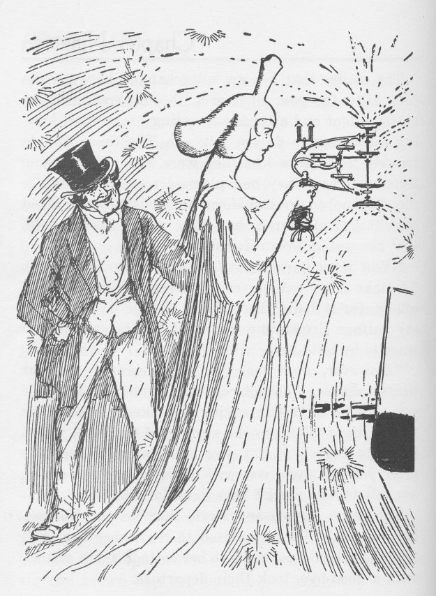 Here Glinda is intent upon calibrating a device to save the day. That's the Wizard of Oz, leering in the background.